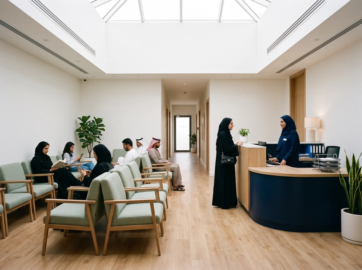 صالة انتظار عيادة حديثة بمقاعد خضراء فاتحة ومكتب استقبال كحلي ومراجعون ينتظرون