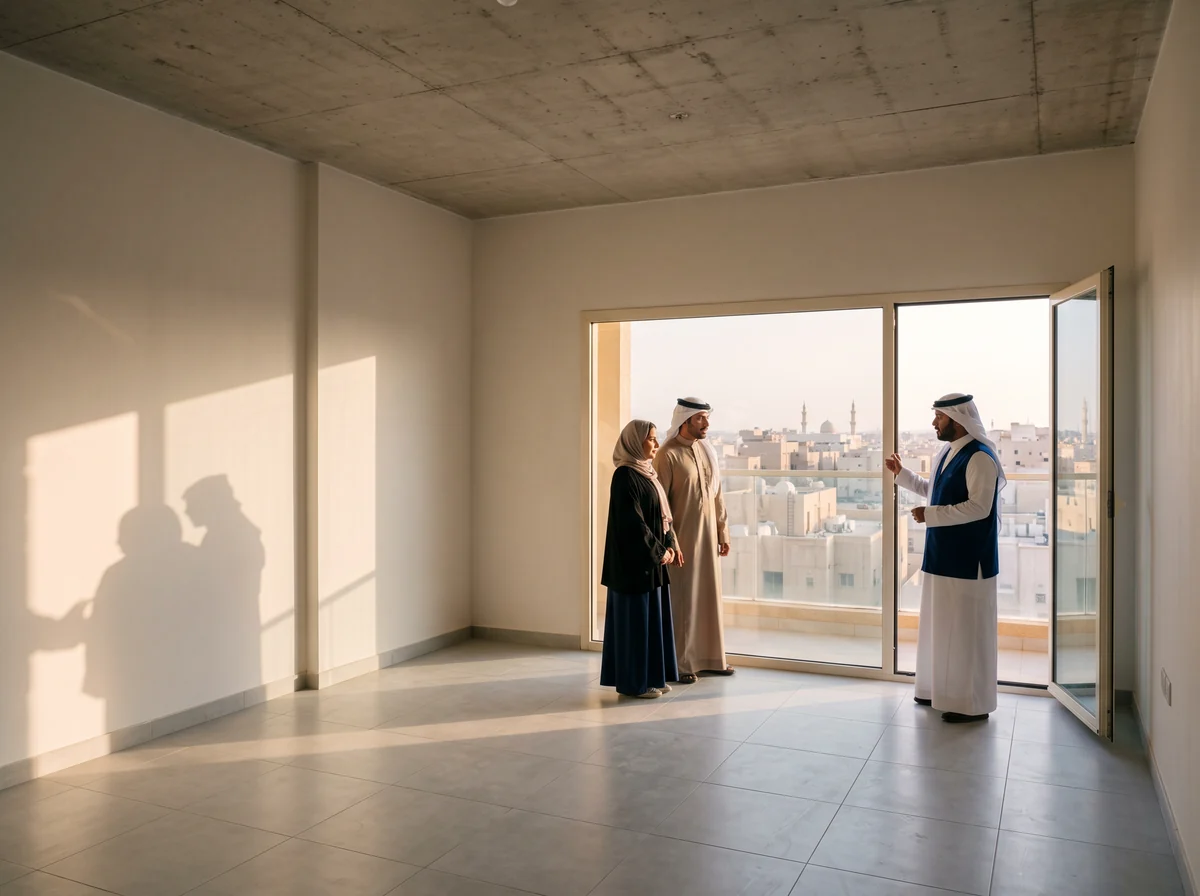وسيط عقاري سعودي يعرض شقة جديدة غير مؤثثة على زوجين أمام باب شرفة يطل على أسطح الرياض