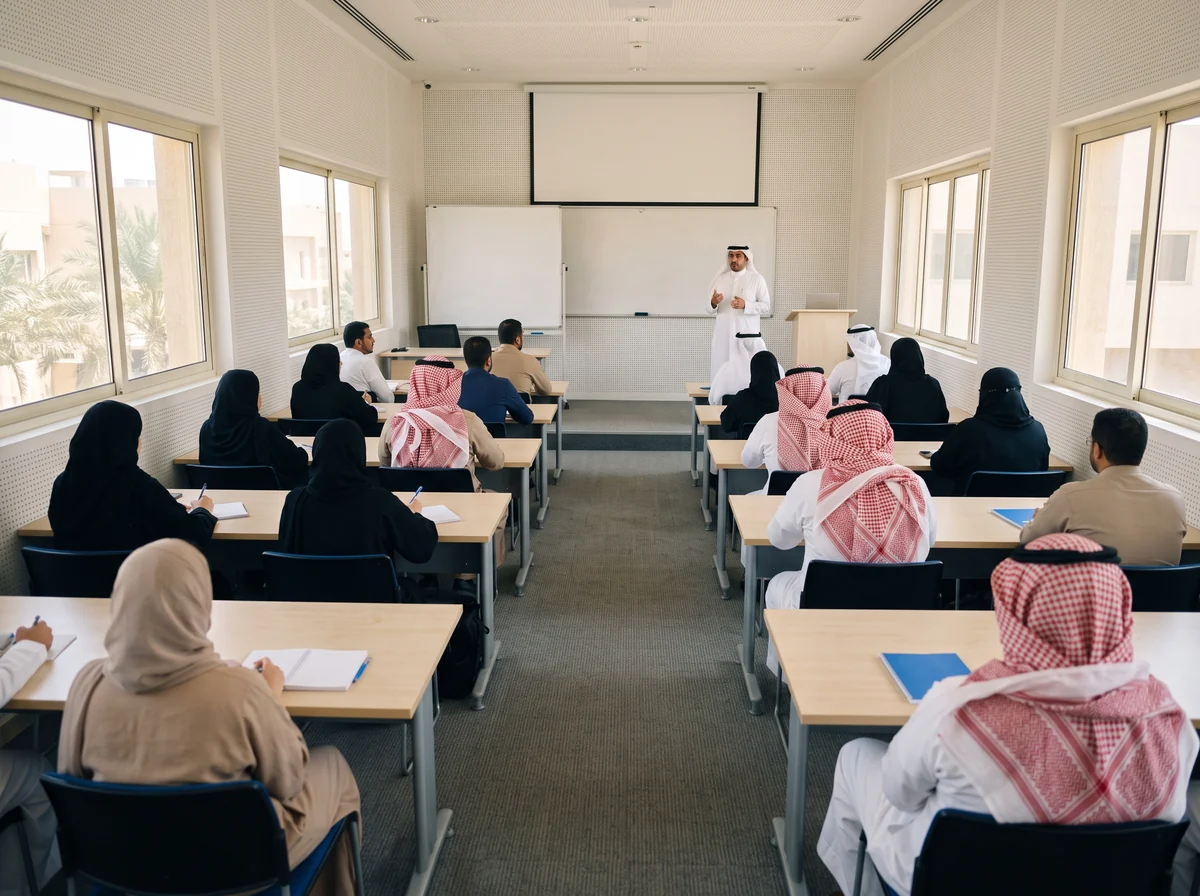 قاعة تدريب ممتلئة بمتدربين ومتدربات سعوديين أمام مدرّب واقف عند مقدمة القاعة